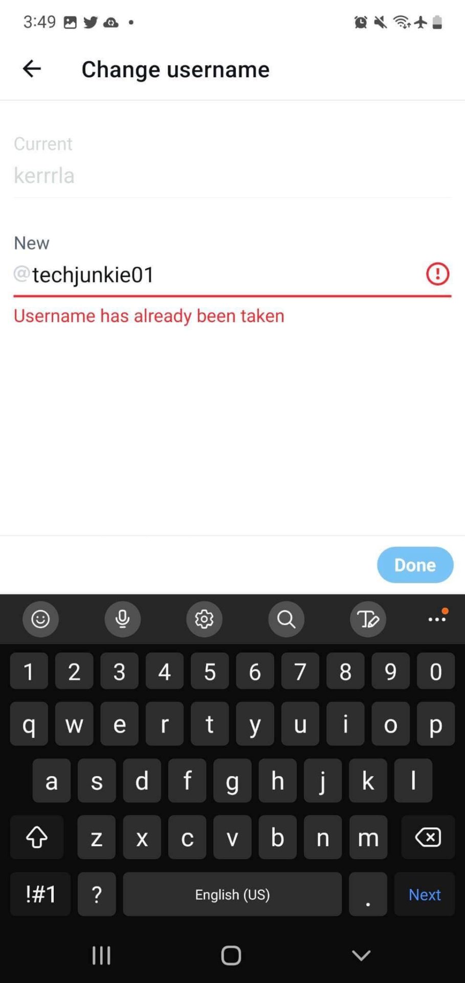 Twitter app - changing username