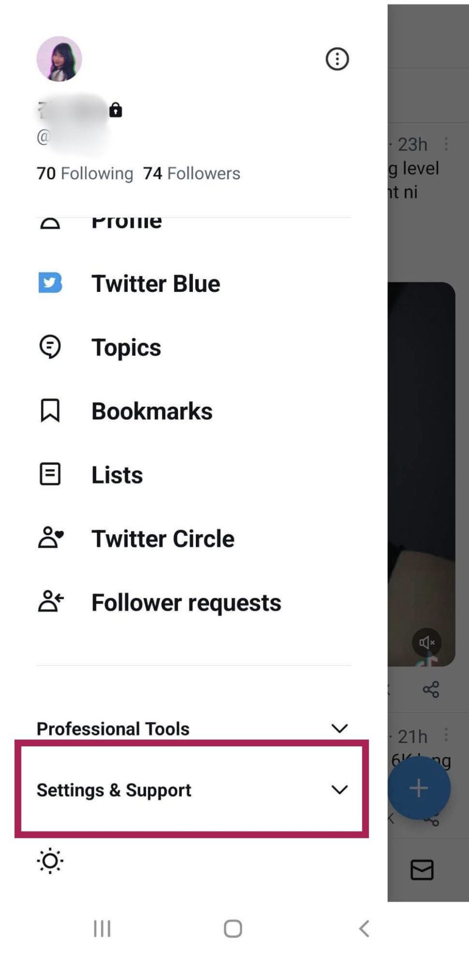 Twitter app - showing the setting and support button