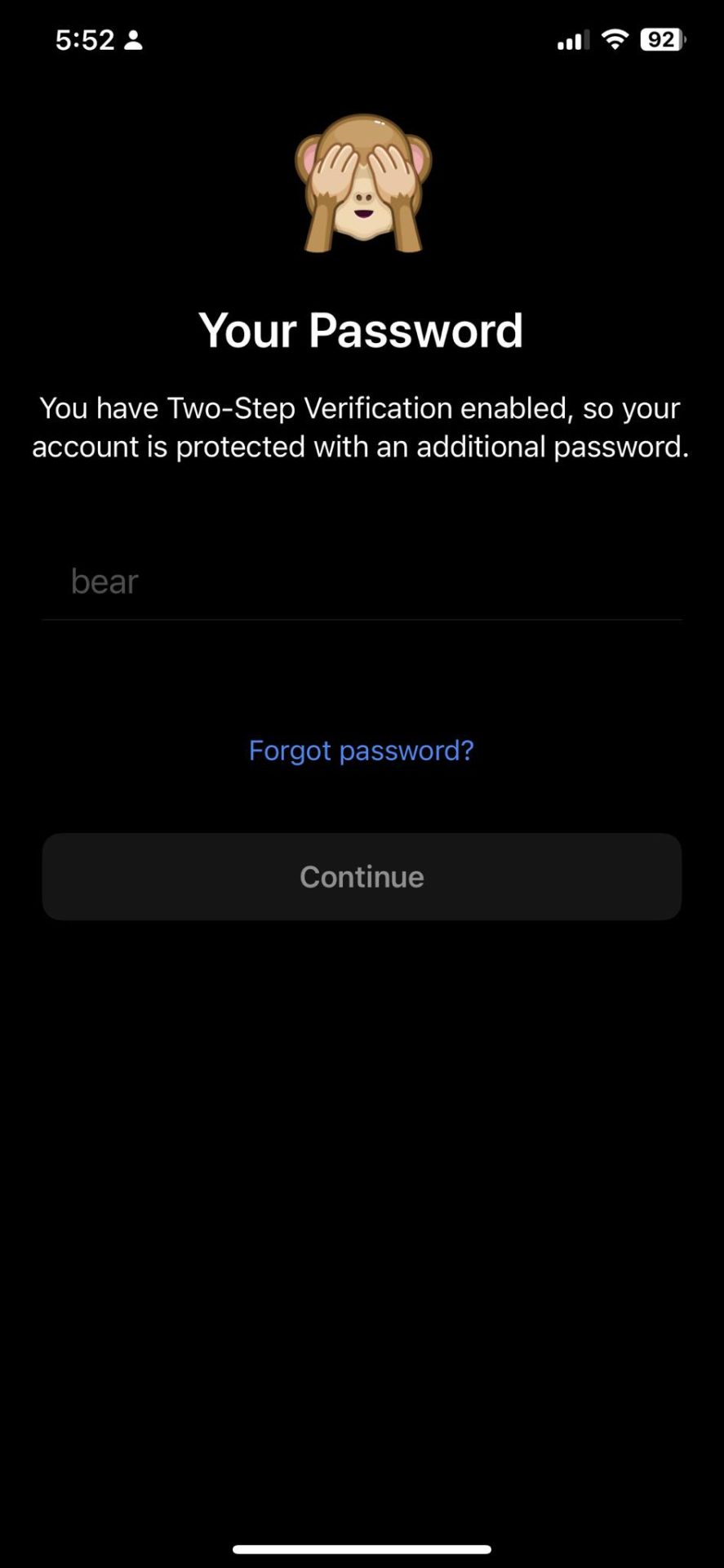 Forgot password screen on Telegram