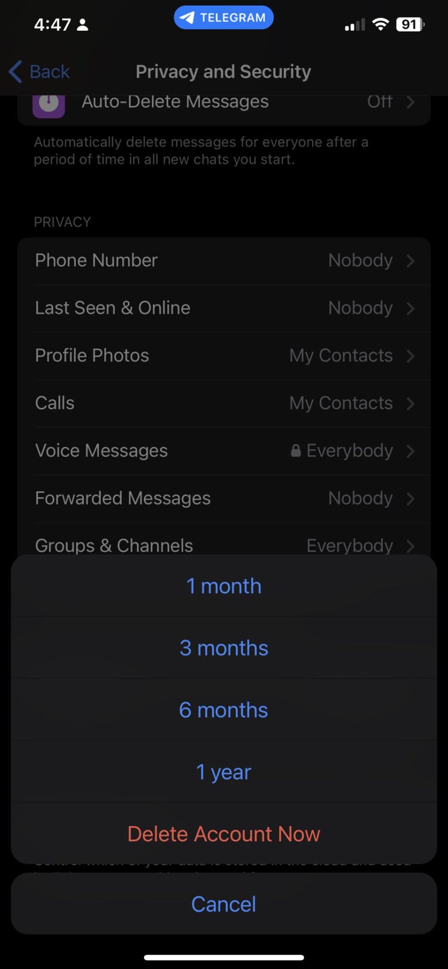 Telegram options for deleting account