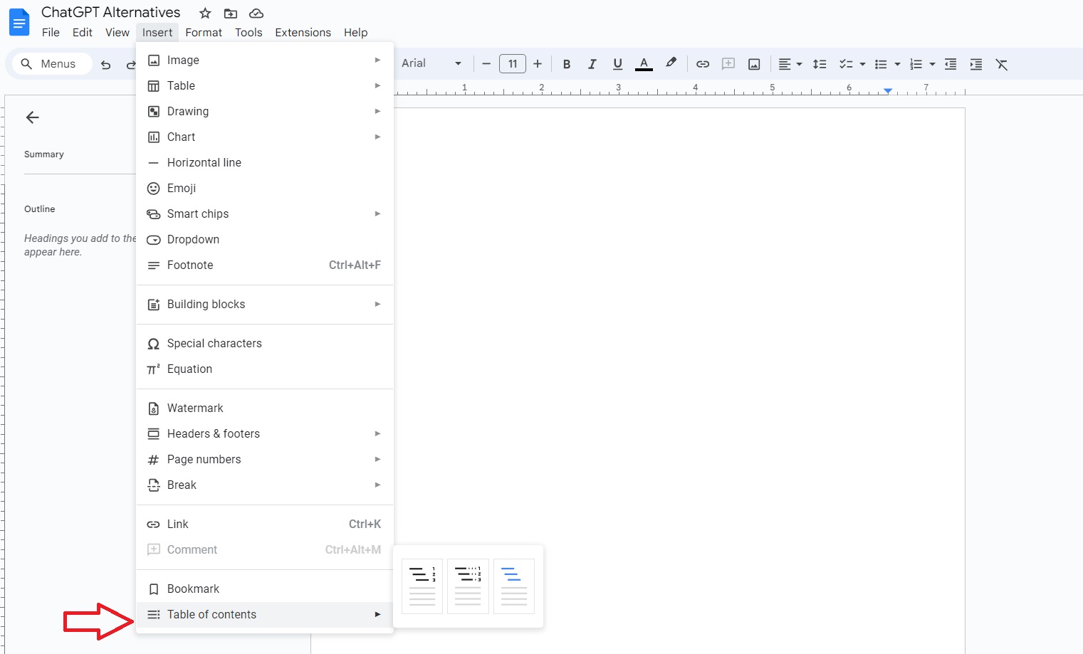 Inserting Table of Contents in Google Docs