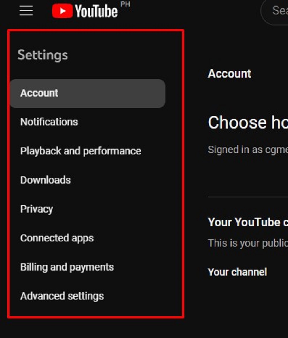 Youtube - showing the left sidebar menu
