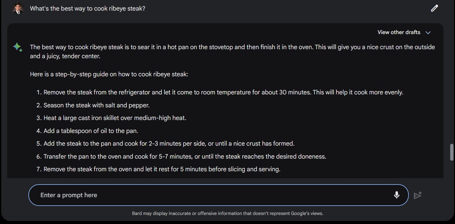 Bard details how to cook ribeye steak