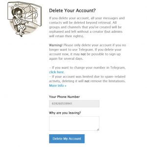 Account deletion page in Telegram's web version
