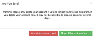 Final account deletion confirmation page on Telegram