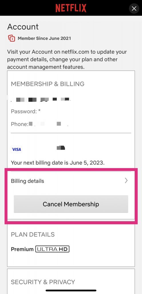 Netflix membership and billing section