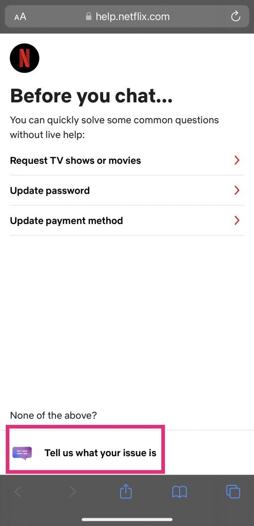 Netflix mobile app - showing Netflix customer service chat