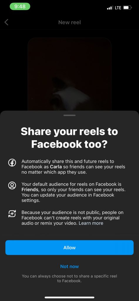 Instagram Reel - showing the permission request for Facebook sharing