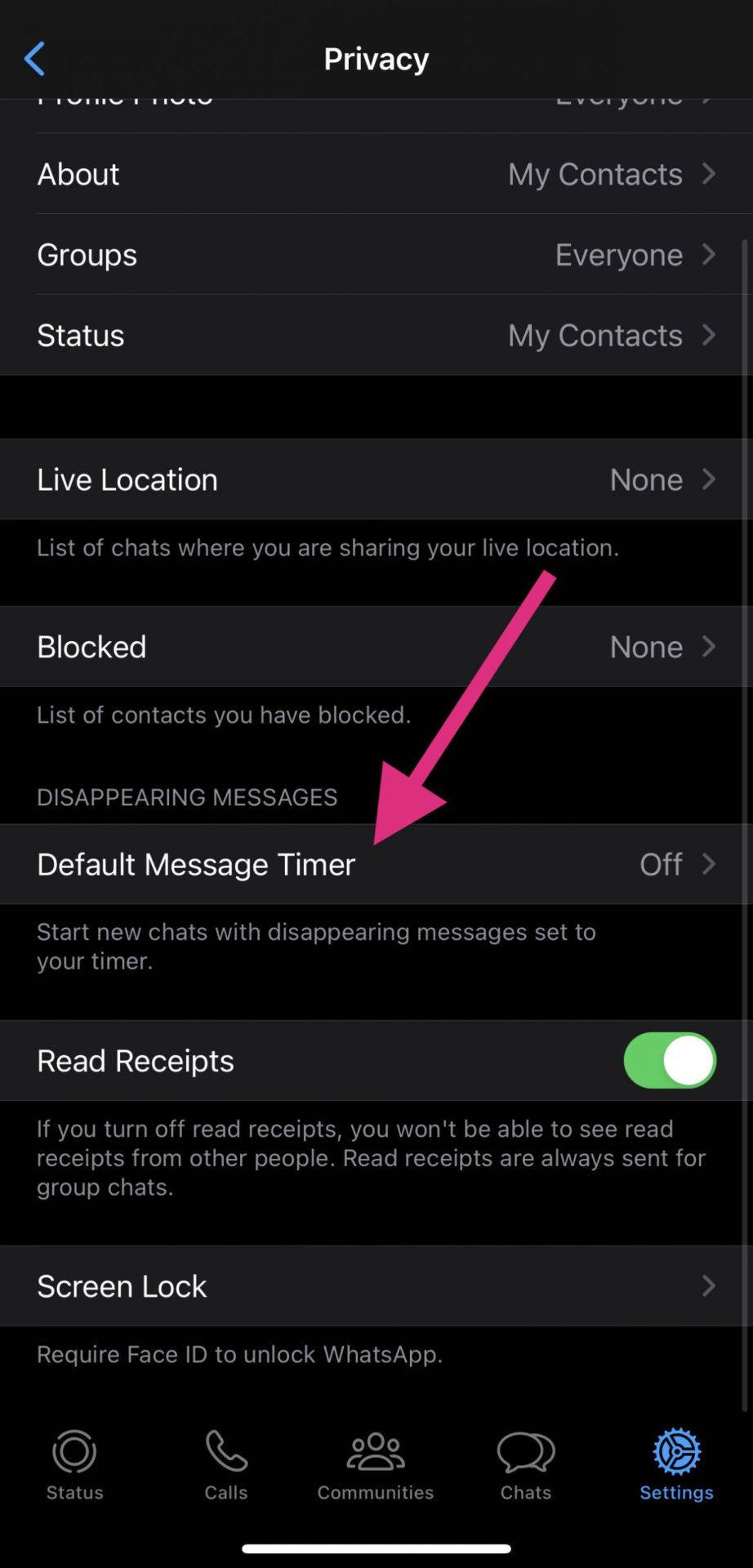 WhatsApp Messenger showing the default message timer button