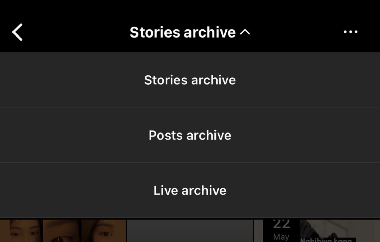 Instagram app - showing archive dropdown menu