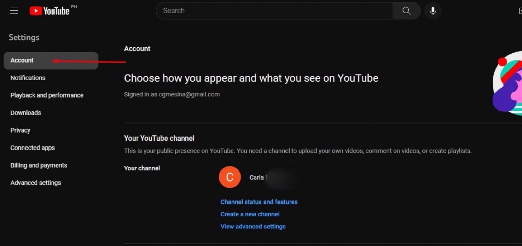 Youtube website showing account button