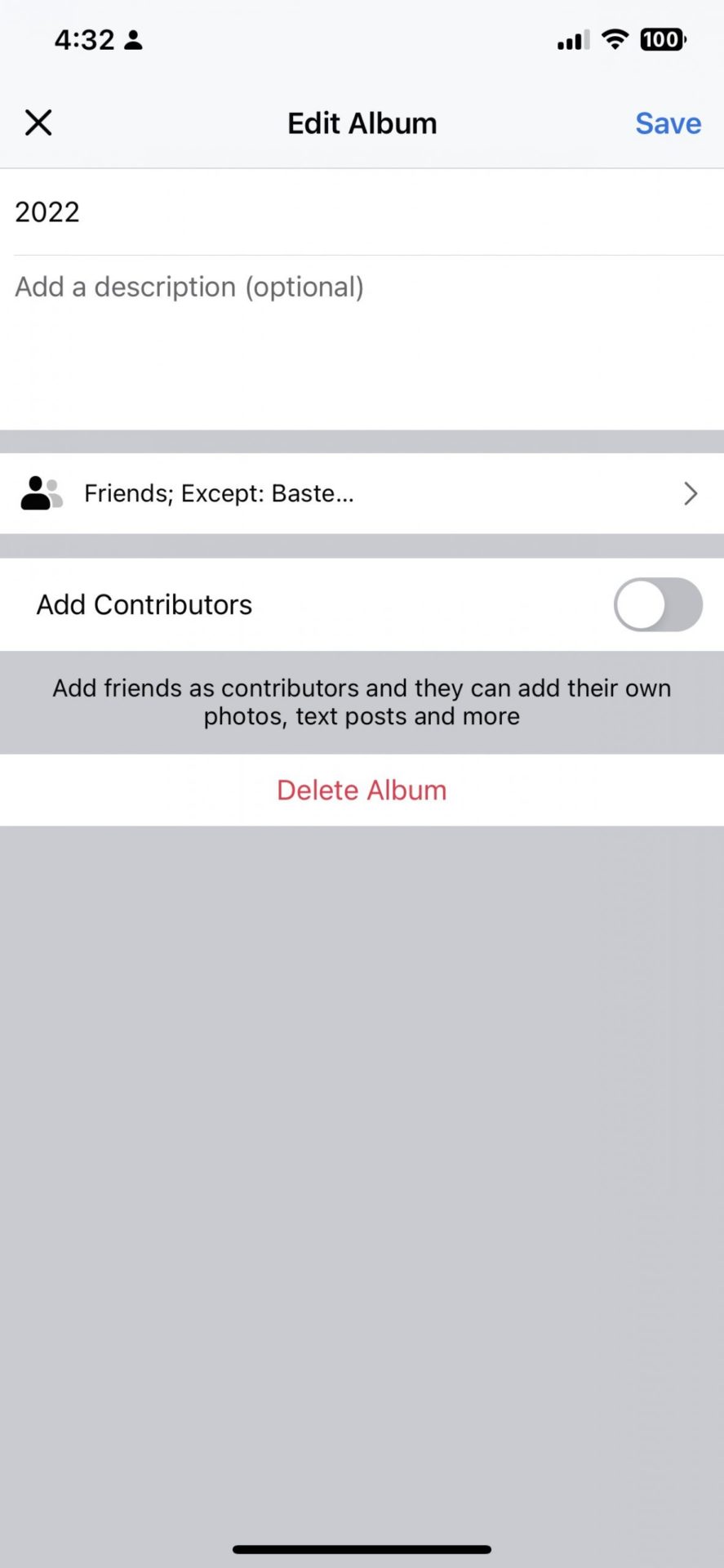 facebook iphone app - delete album button