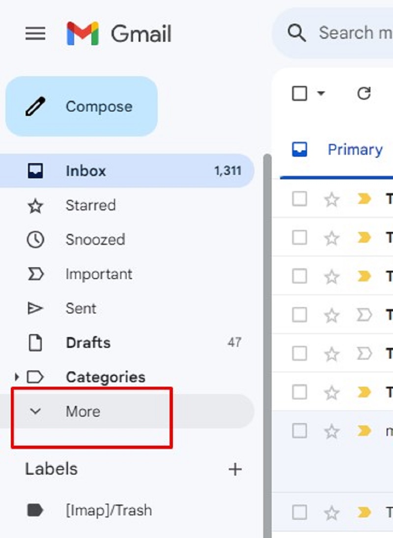 Gmail website - showing More button for creating labels