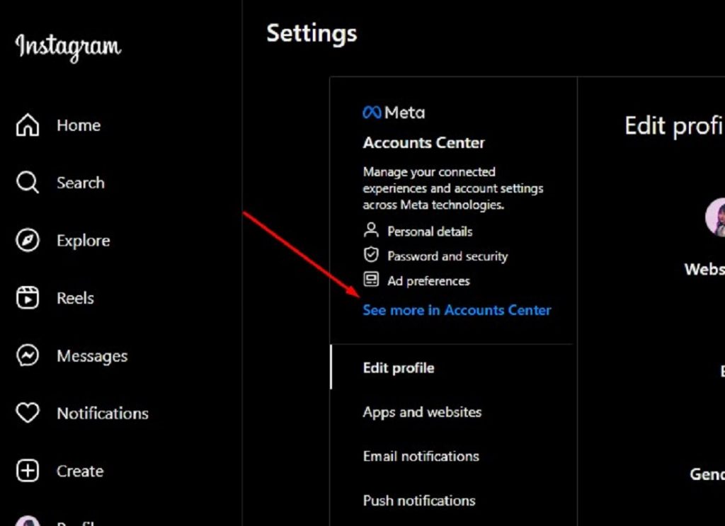 Instagram website - showing the see more in accounts center button