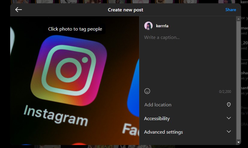 Instagram Reel - showing caption and share button
