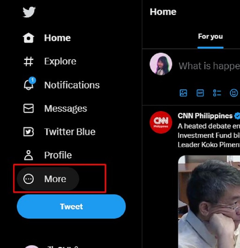 Twitter website - showing More button