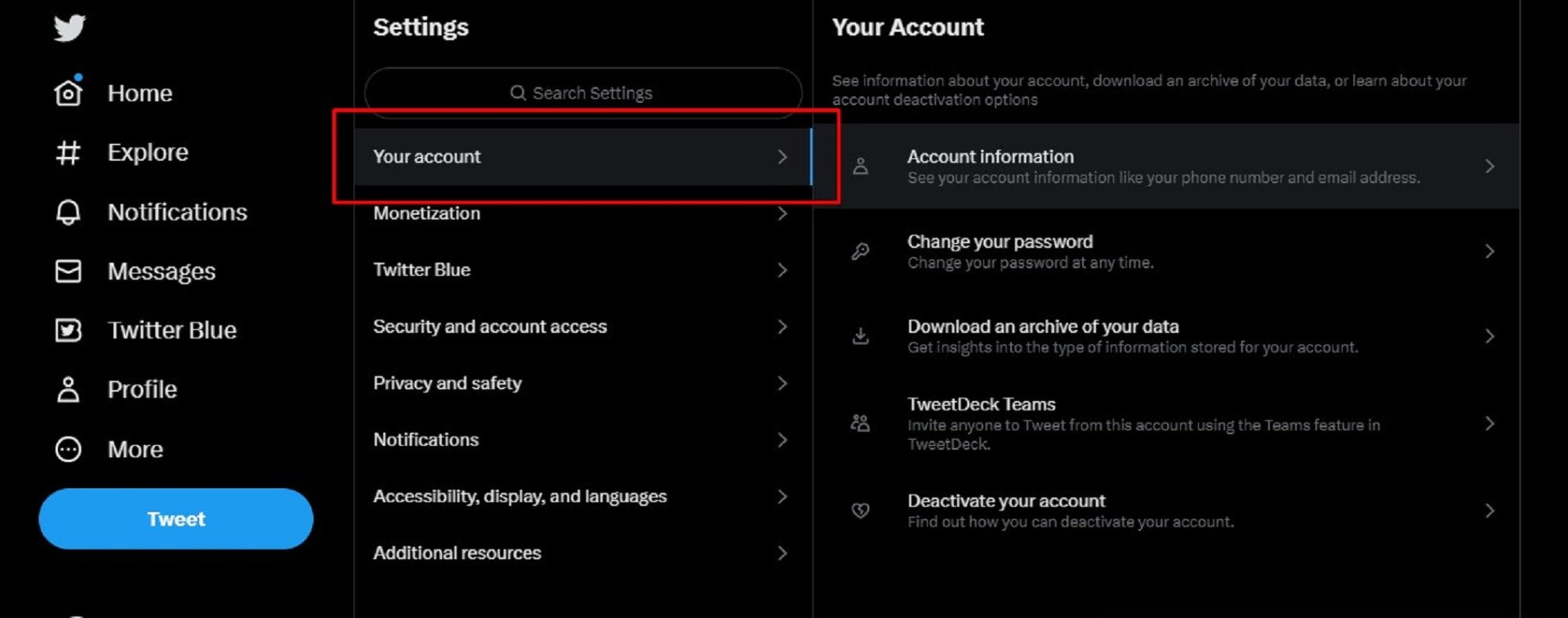 Twitter website - showing Your Account button