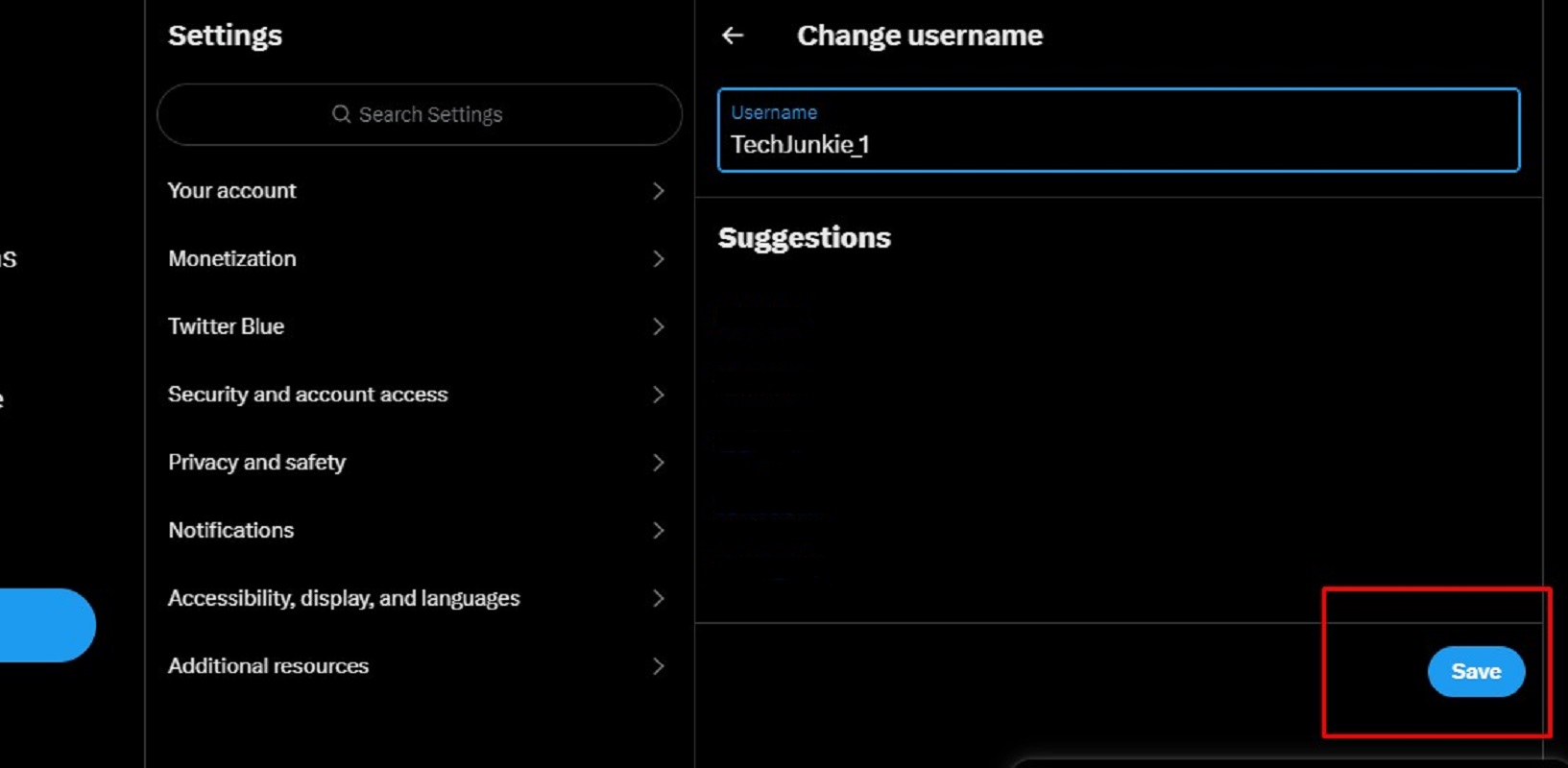 Twitter website - typing new username