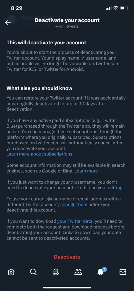 Twitter Deactivate account option