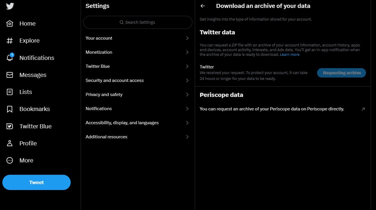 Twitter Download an archive of your data option
