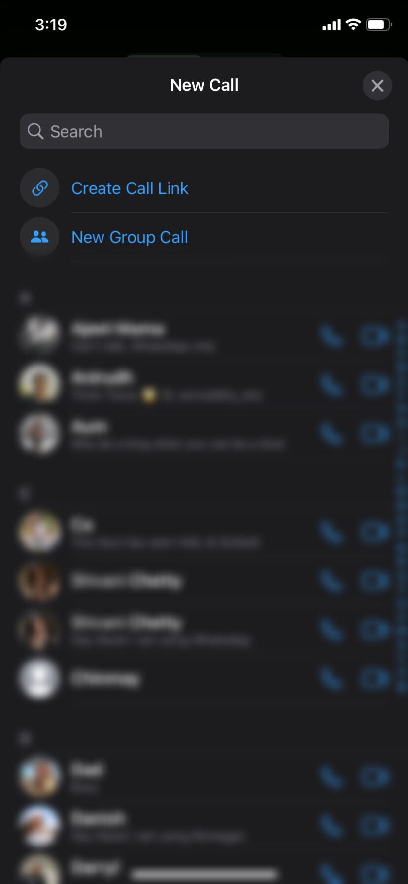 screenshot of WhatsApp New Group Call option