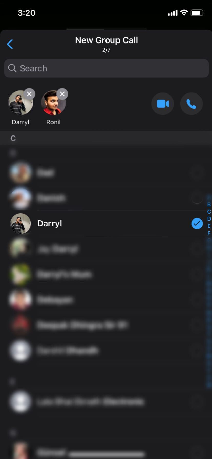 Screenshot of select participants options in WhatsApp New Group Call menu
