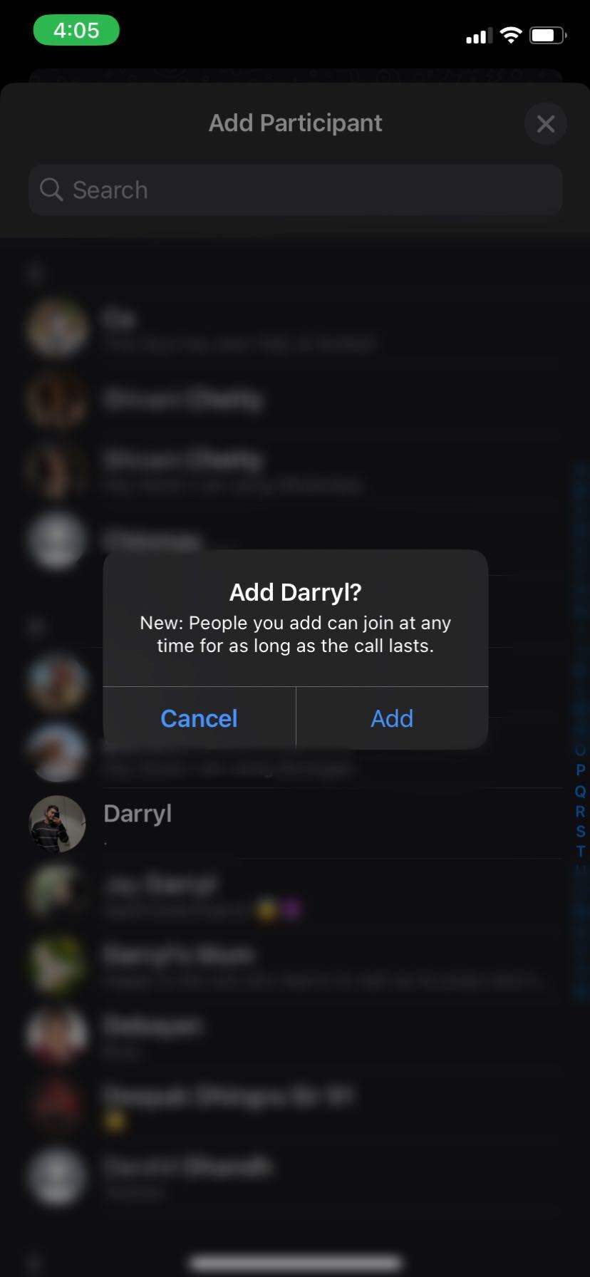 WhatsApp video call add a participant option