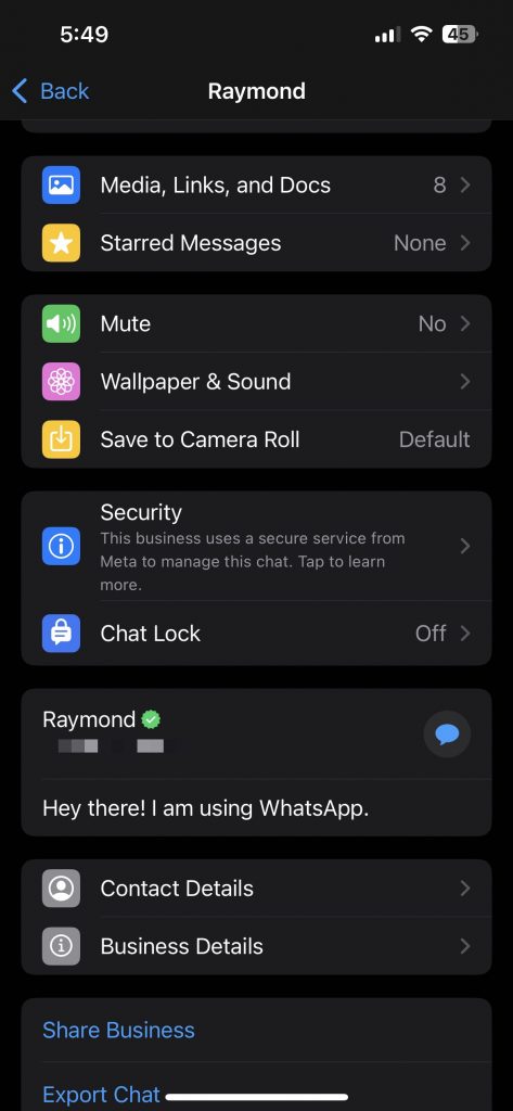 WhatsApp contact info page