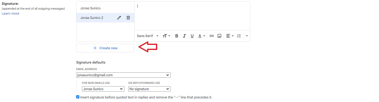 Adding new signature to Gmail.