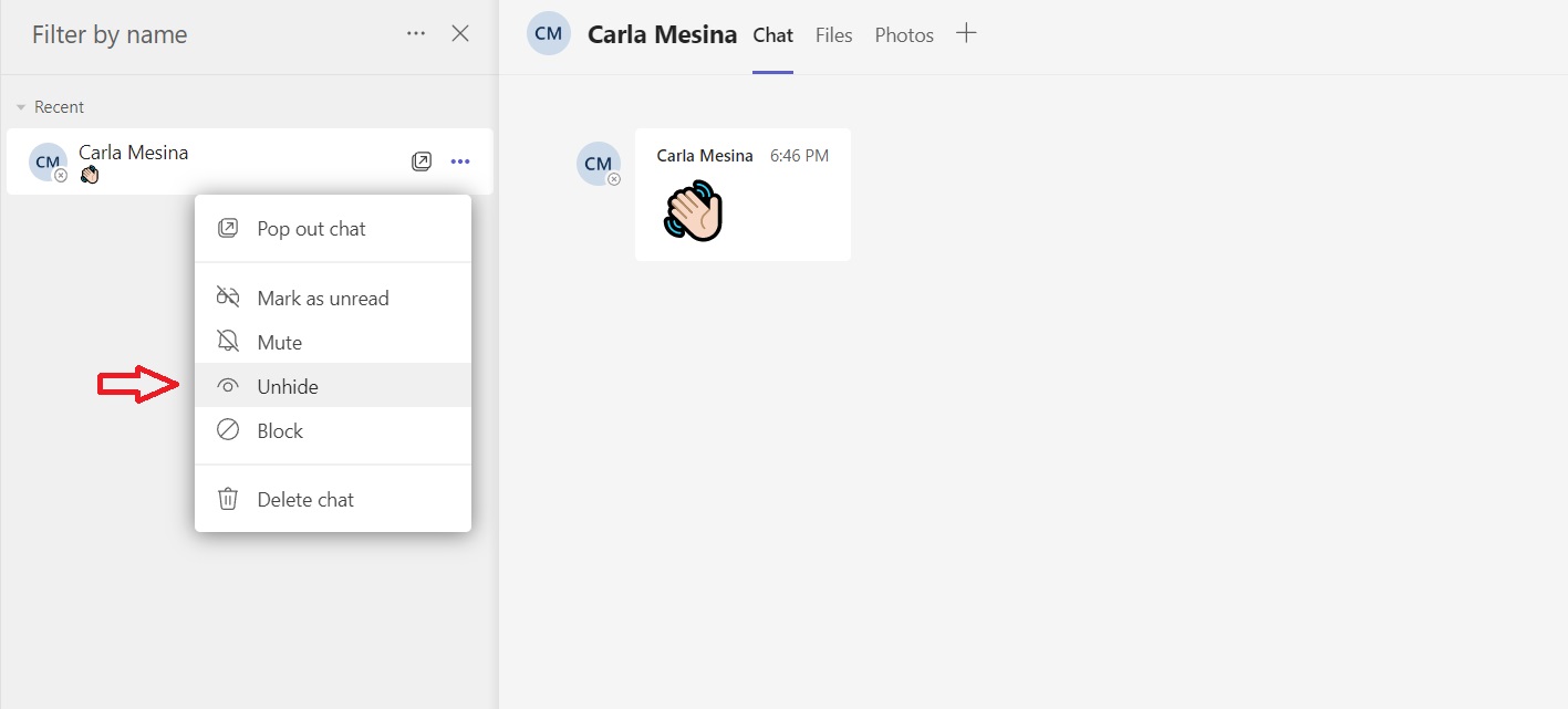 Unhiding chat on Microsoft Teams