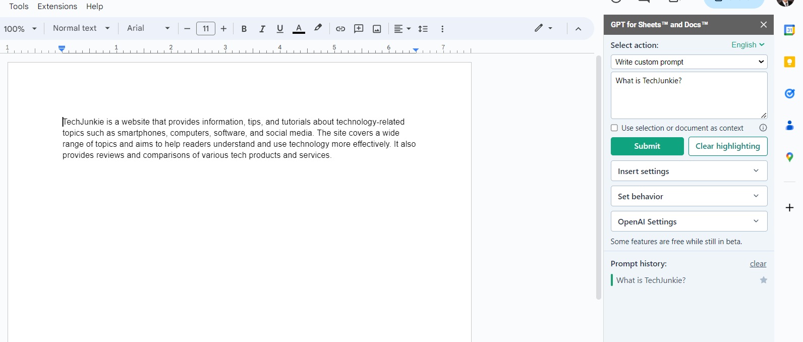 Using prompts on Google Docs