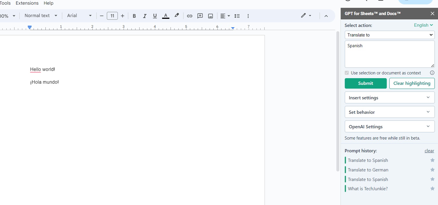 Translating texts in GPT for Sheets and Docs