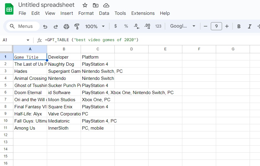 GPT extension generating data table