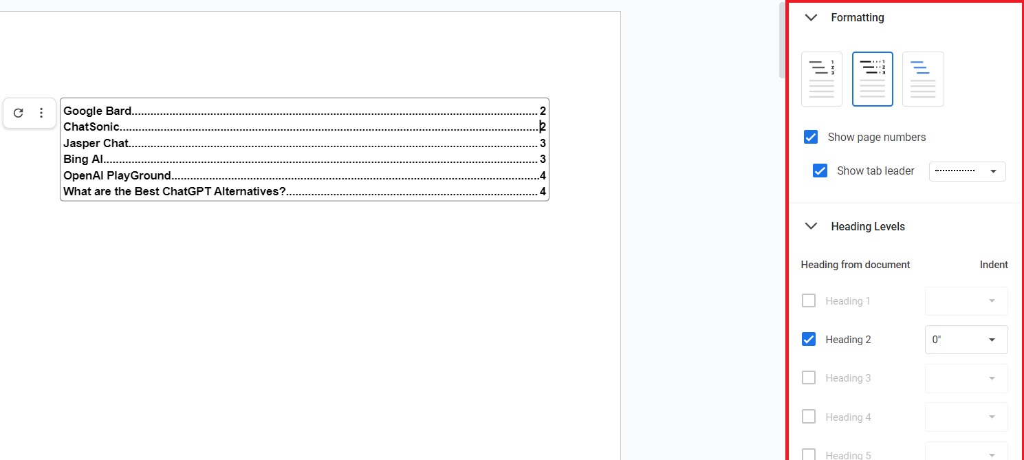 Formatting table of contents in Google Docs