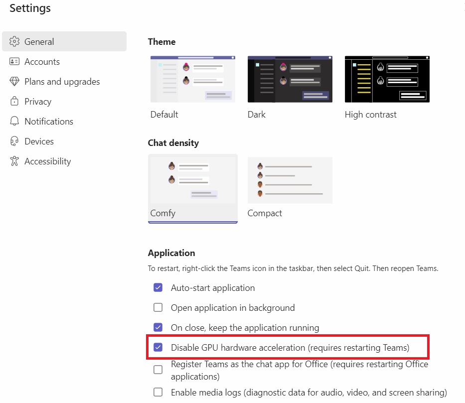 Disabling hardware acceleration on Microsoft Teams