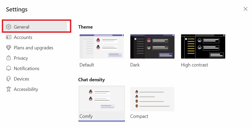 Microsoft Teams settings menu