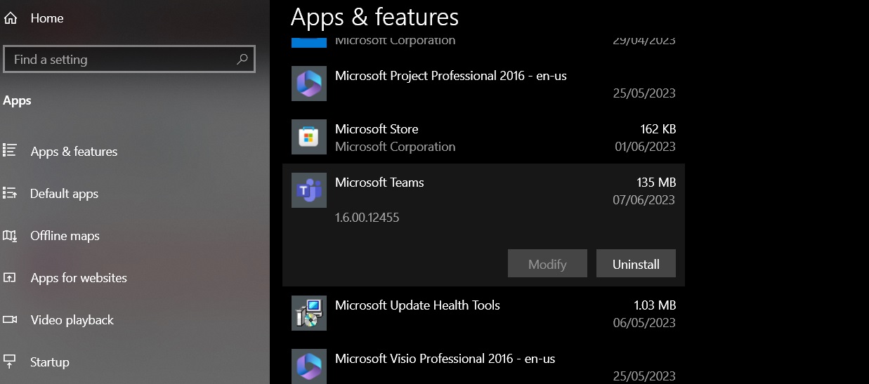 Uninstalling Microsoft Teams