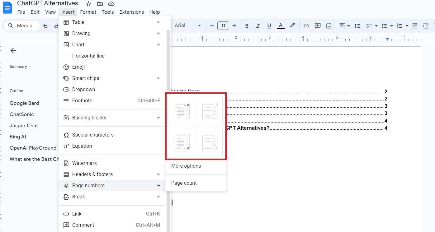 Adding page numbers to document in Google Docs