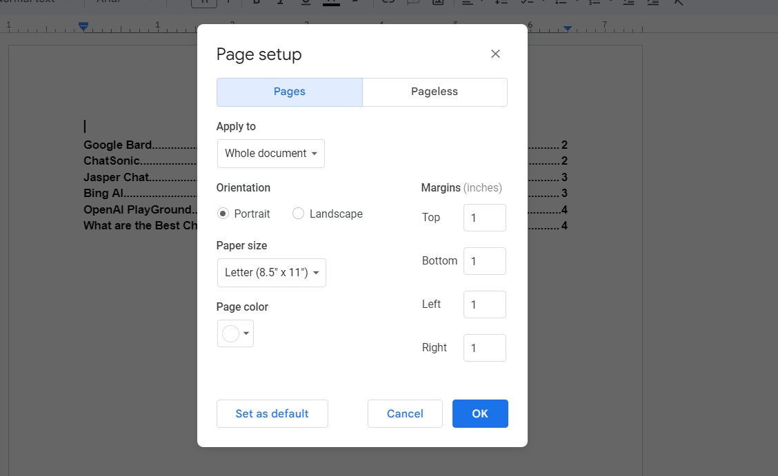 Page or pageless menu in Google Docs
