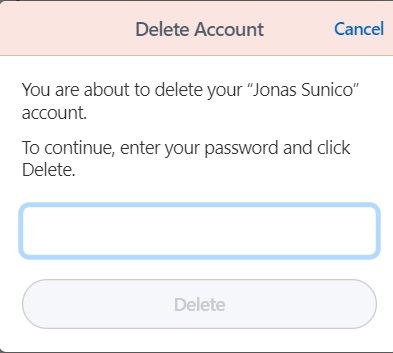 Last screen before account deletion in 1Password