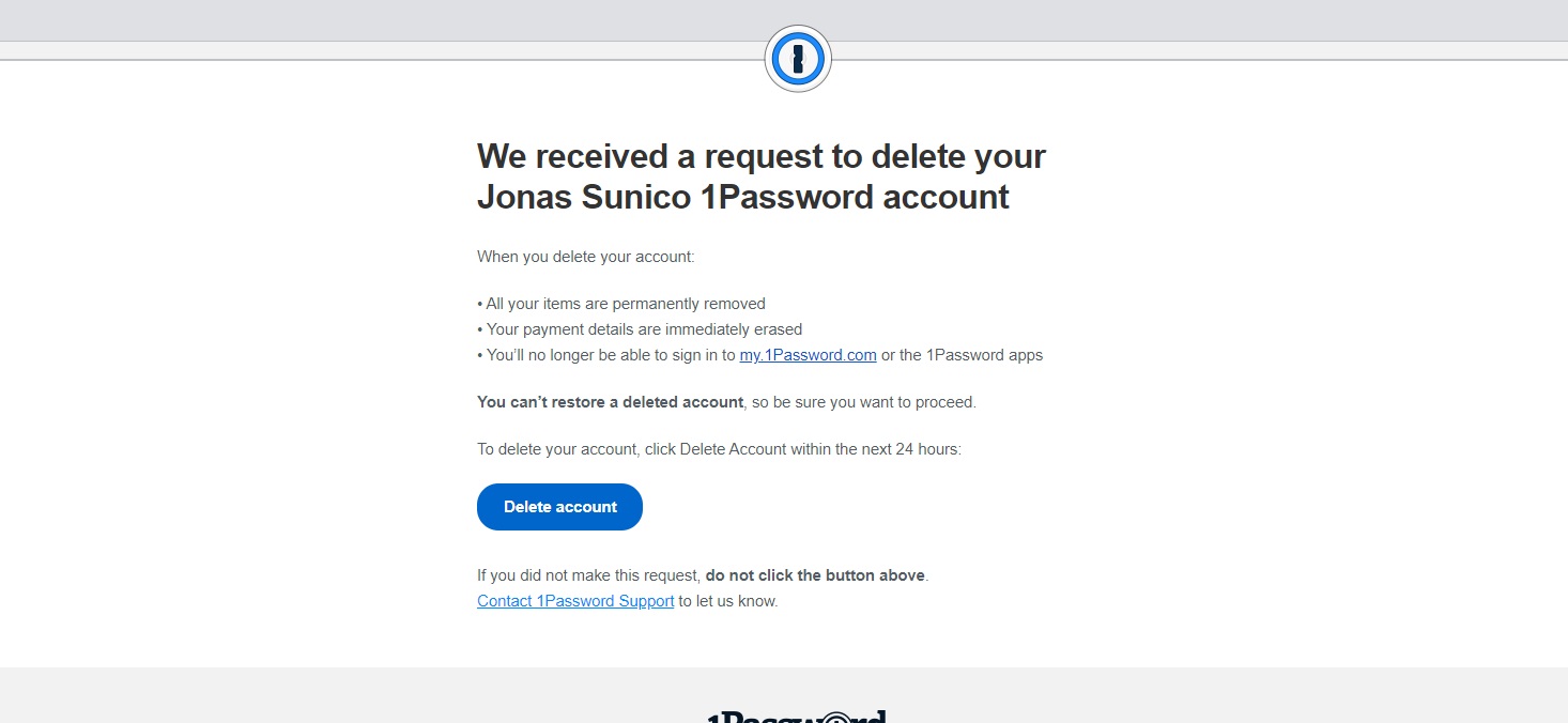 1Password account delete email