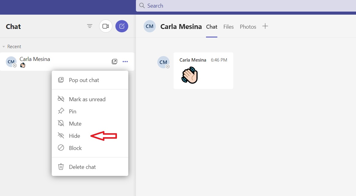 Hiding chat on Microsoft Teams PC