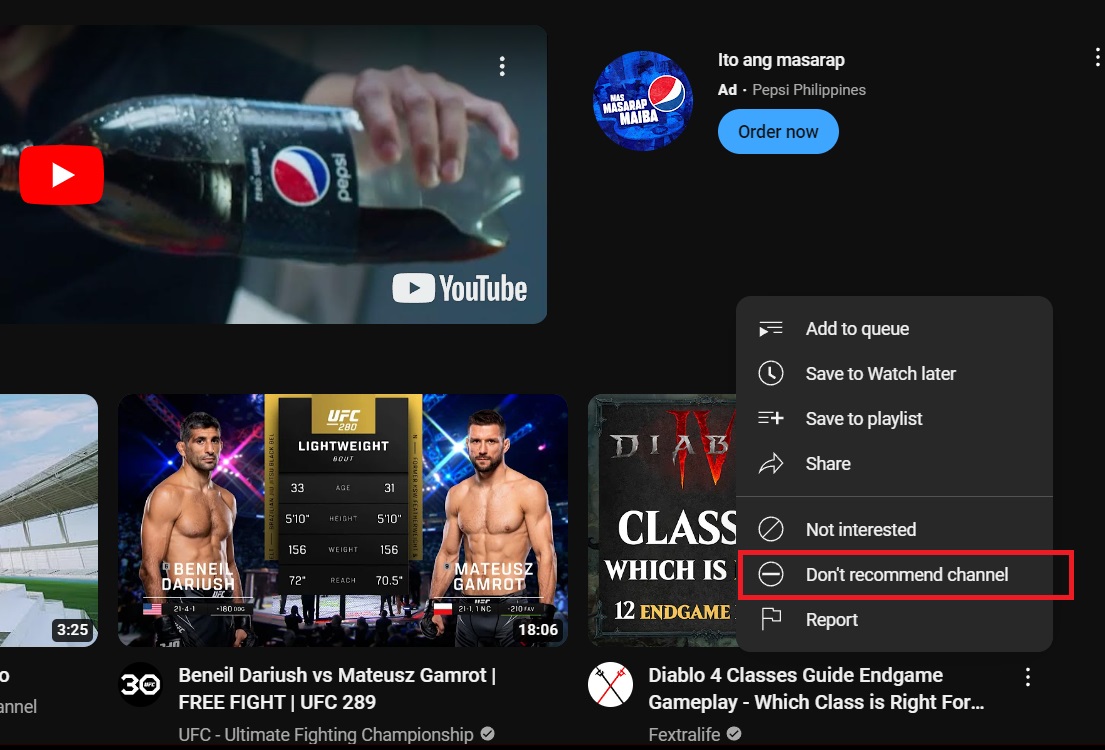 Don't Recommend Channel Option on YouTube