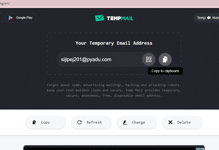 tempmail - showing the copy to clipboard button