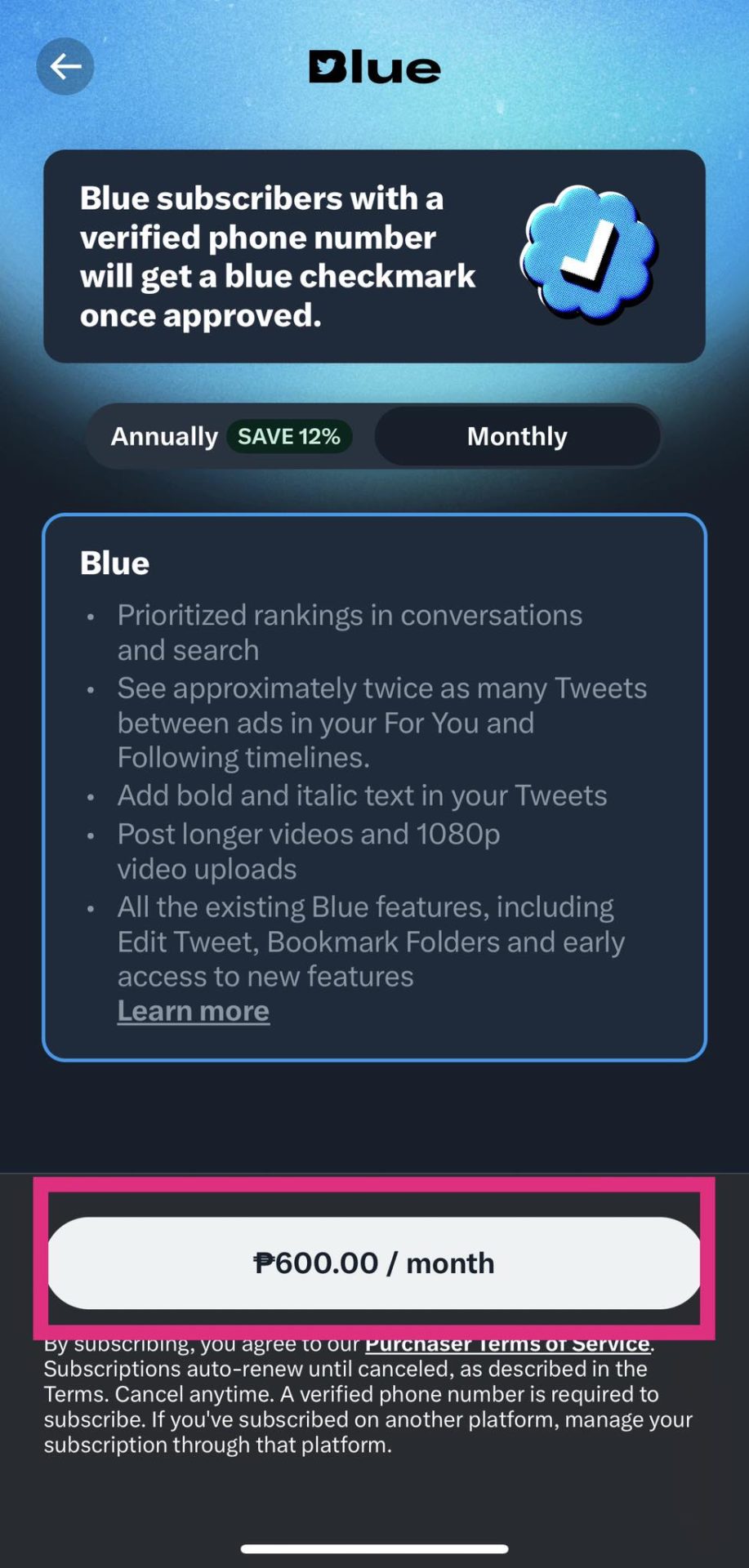 Twitter app - showing subscription button for twitter blue
