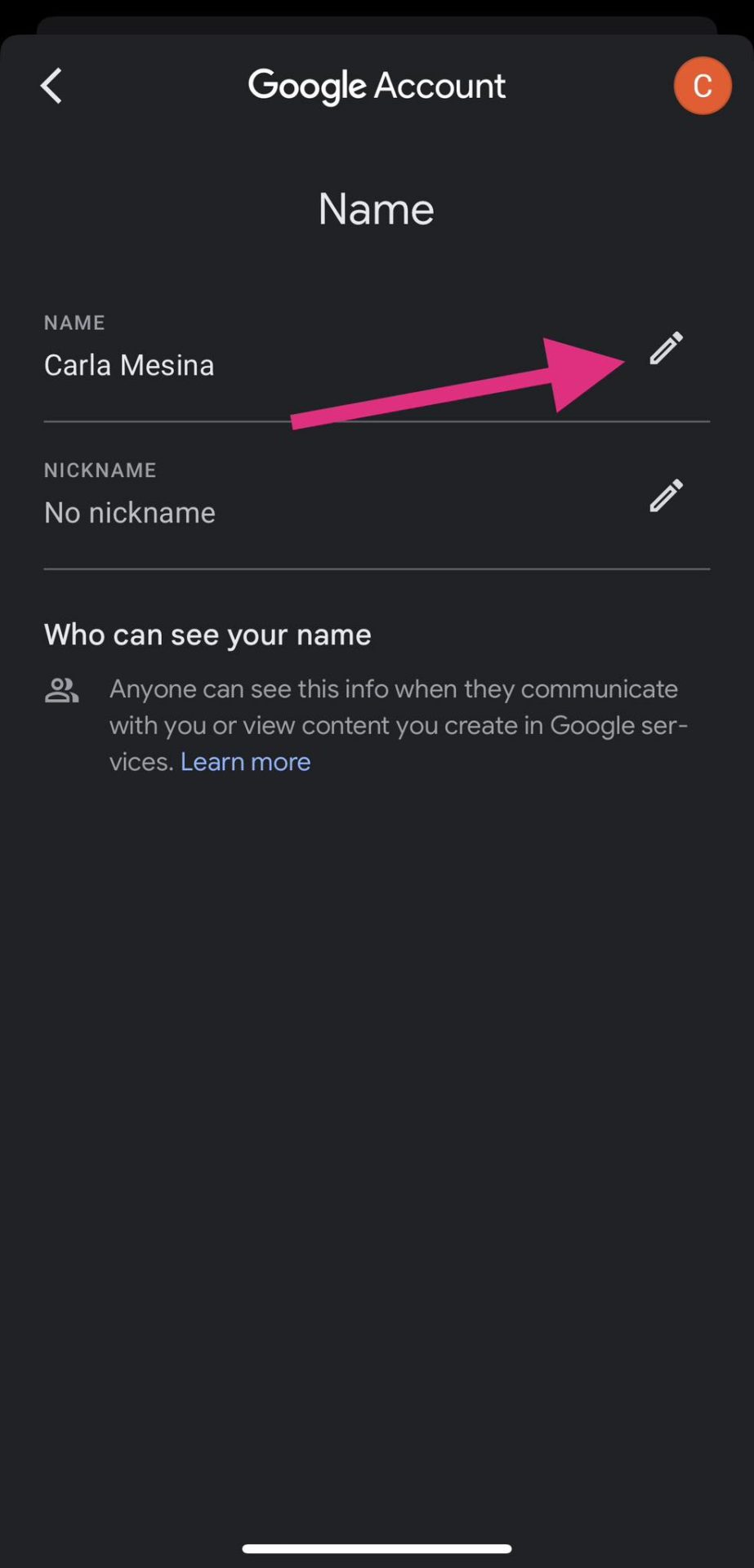 Gmail app - showing edit button for name on iphone