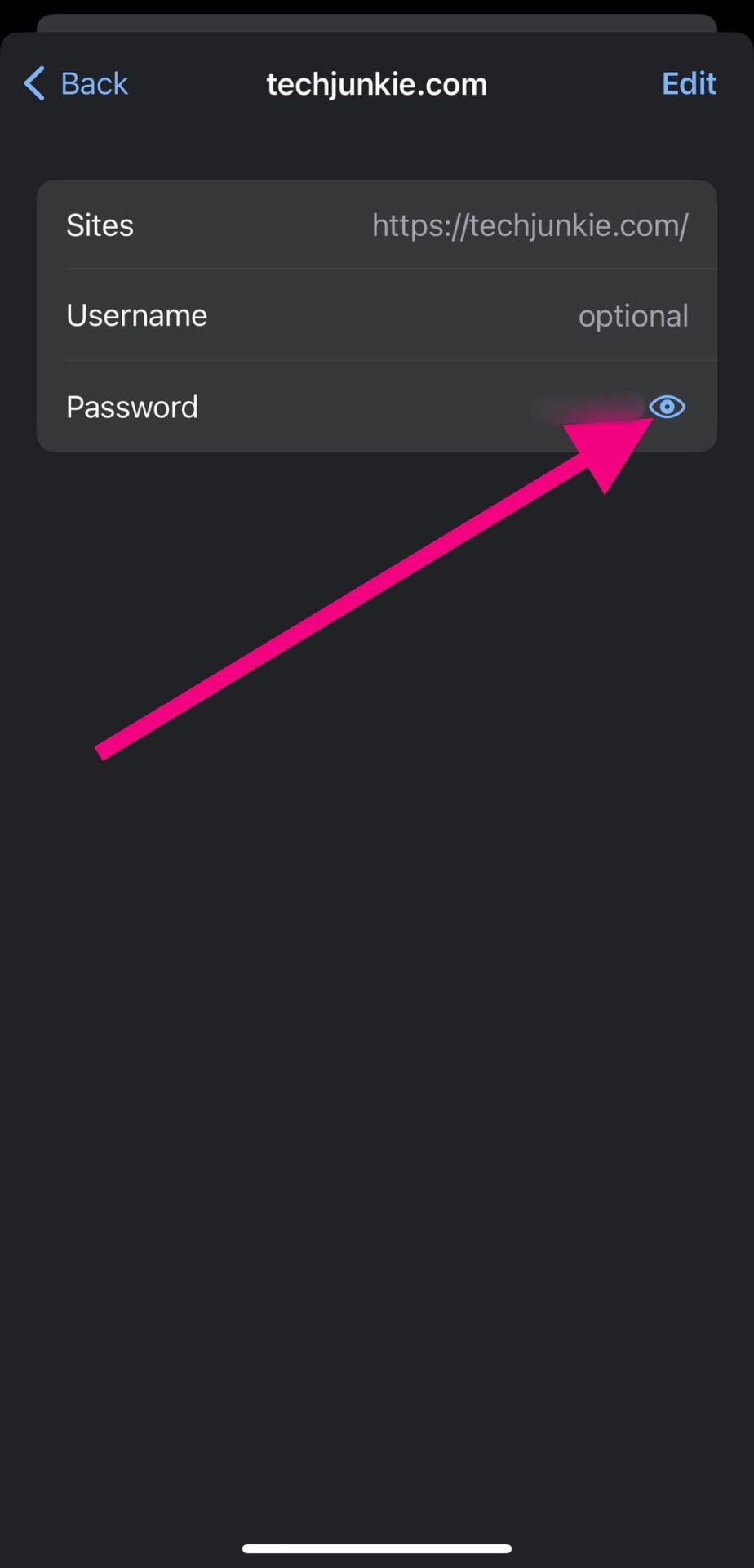 google chrome for iPhone - showing eye icon for password reveal