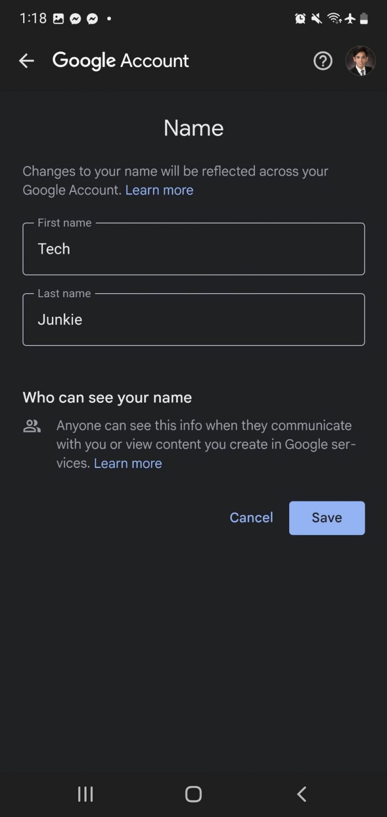 is it possible to change the name of my gmail account