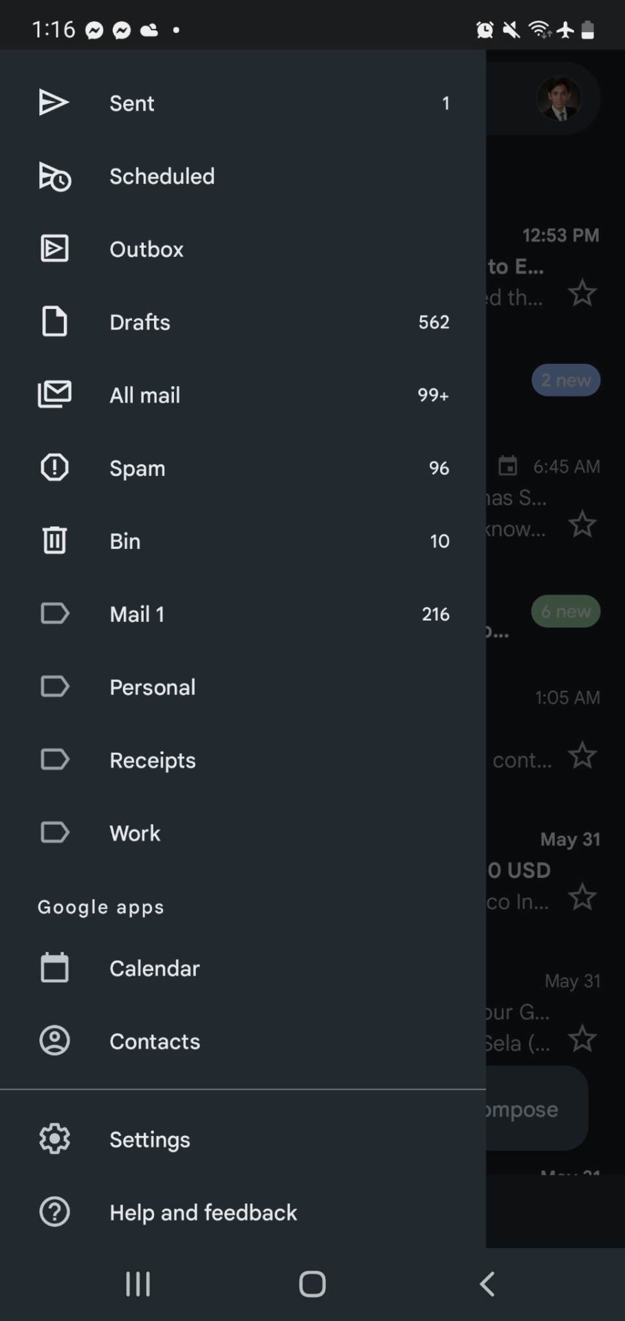 Gmail app on android - showing the settings button