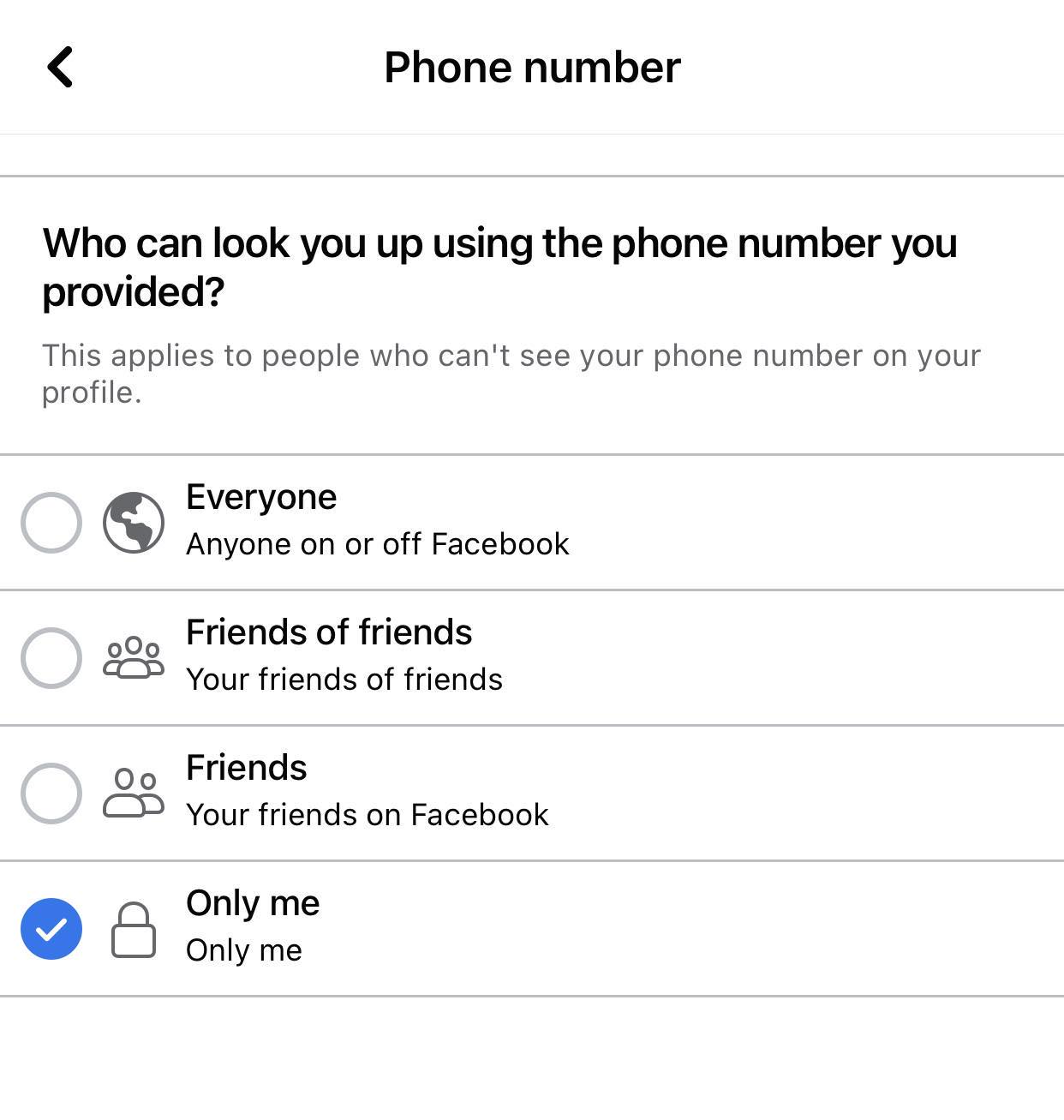 facebook - showing who can look you up using phone number
